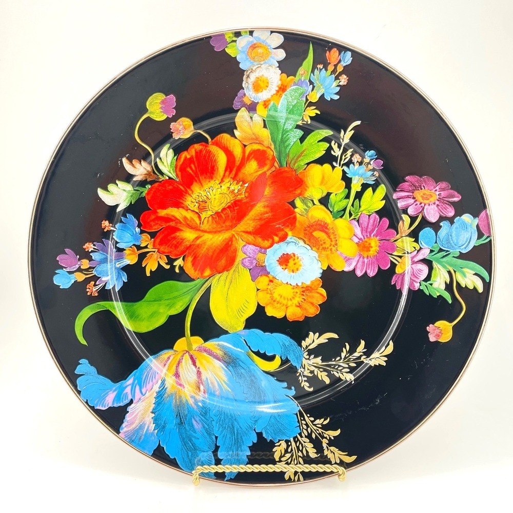 MacKenzie-Childs Flower Market Black Floral 16" Large Round Serving Platter READ